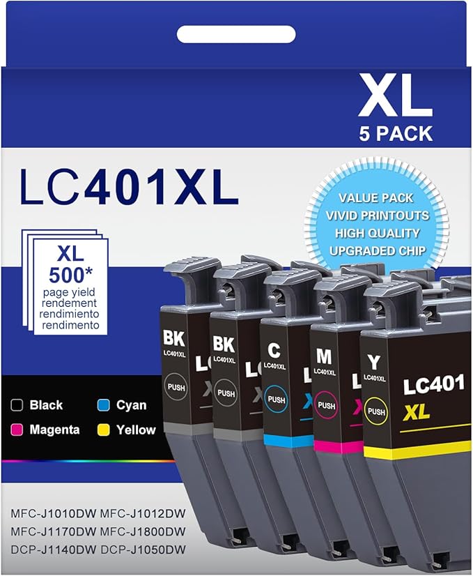 LC401XL LC401 High Yield MFC-J1010DW Ink Cartridges 5-Pack Compatible for Brother 401XL LC-401 Ink Cartridges Work with MFC-J1010DW MFC-J1170DW MFC-J1012DW MFC-J1800DW (2 Black, 1 Cyan Magenta Yellow)