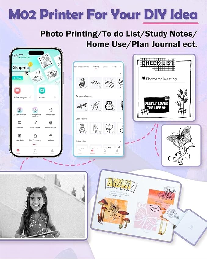 Phomemo Sticker Printer- Mini Thermal Sticker Printer Machine, Small Pocket Label Maker Instant Print for DIY Creation, Study Notes, Photos, Portable Inkless Photo Maker for Kids/Students, Purple