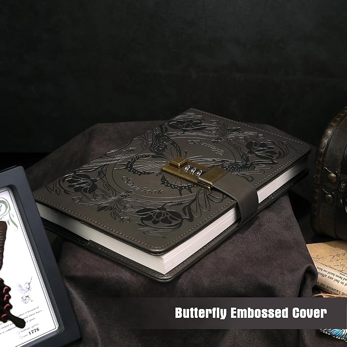 TIEFOSSI Diary with Lock for Women Girls, Lined Locked Journal, Butterfly Journal Notebook with Pen and Bookmark, A5 Refillable Locking Journals for Writing, 224 Numbered Pages