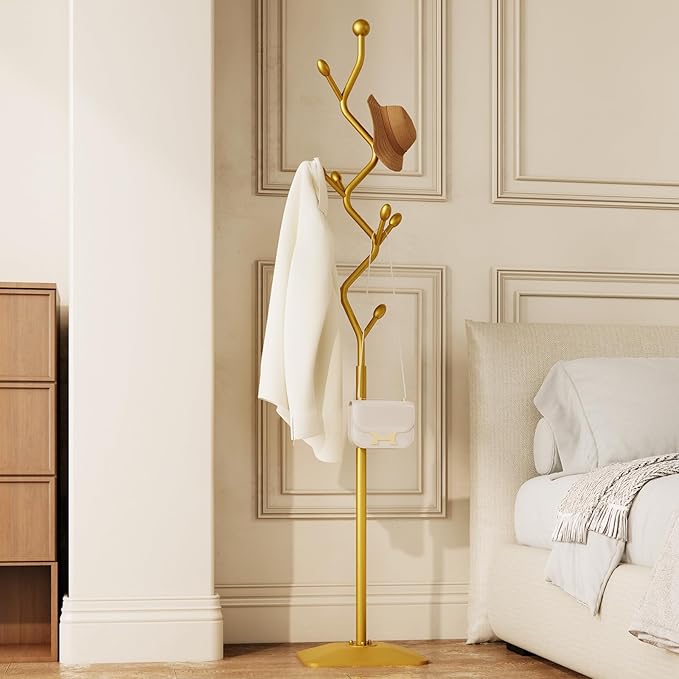 Tree-shaped coat rack stand,Metal coat tree with 8 Hooks and sturdy cast iron base,Heavy Duty coat rack freestanding coat hanger stand for Clothes Hats Scarfs Purses (gold)