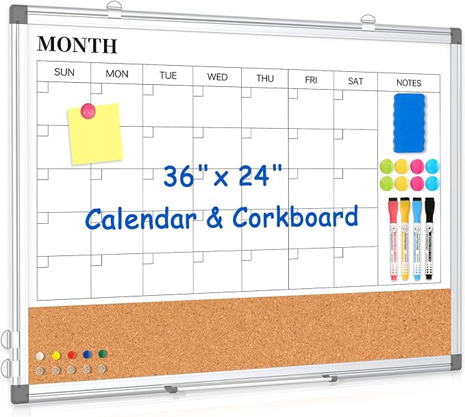 Monthly Calendar Whiteboard Dry Erase Cork Board Combo for Wall, 36" x 24" Magnetic Double-Sided Calendar White Board and Bulletin Board, Portable Board for Office, Kitchen, School, Home