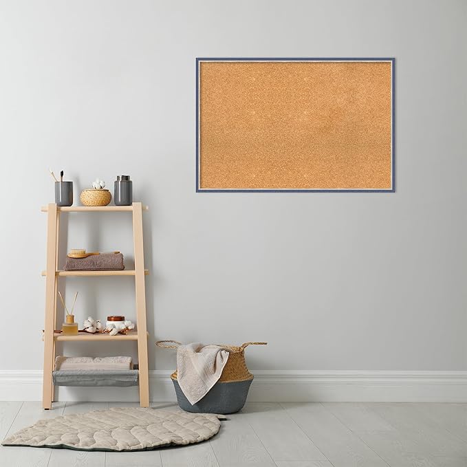 Amanti Art Natural Cork Board for Wall, 25x37 Vision Board with Blue Wood Frame, Large Corkboard Office Decor for Home Organization, Modern Contemporary Corkboard Pinboard to display items for home