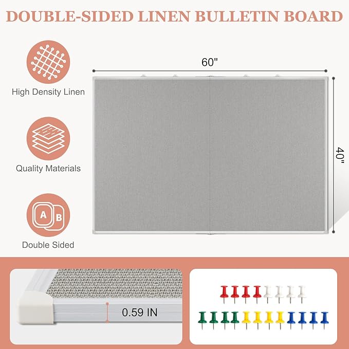 Double-Sided Large Cork Board with Linen, 48" x 36" Foldable Hanging Aluminum Framed Bulletin Board, Vision Board Pin Board Corkboards for Walls, Office, School Decor, 20 Pushpins