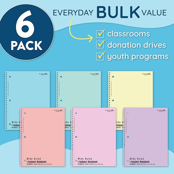 Blue Summit Pastel School Notebooks, 1 Subject Notebooks for School Wide Ruled, 6 Pack
