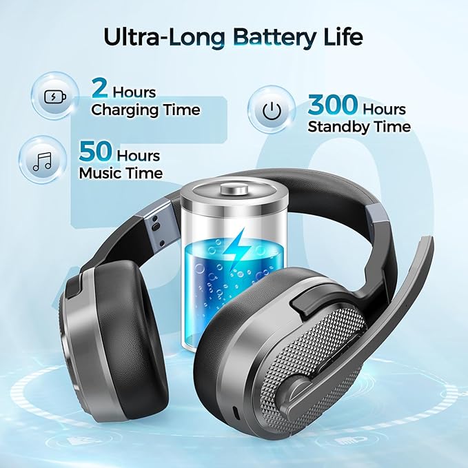 Trucker Bluetooth Headset, Wireless Headsets with Noise Cancelling Microphone, 50+Hrs HD Talktime Bluetooth Headphones with Detachable Earpad/Single+Dual Mode for Office/Driving/Home (Silver)