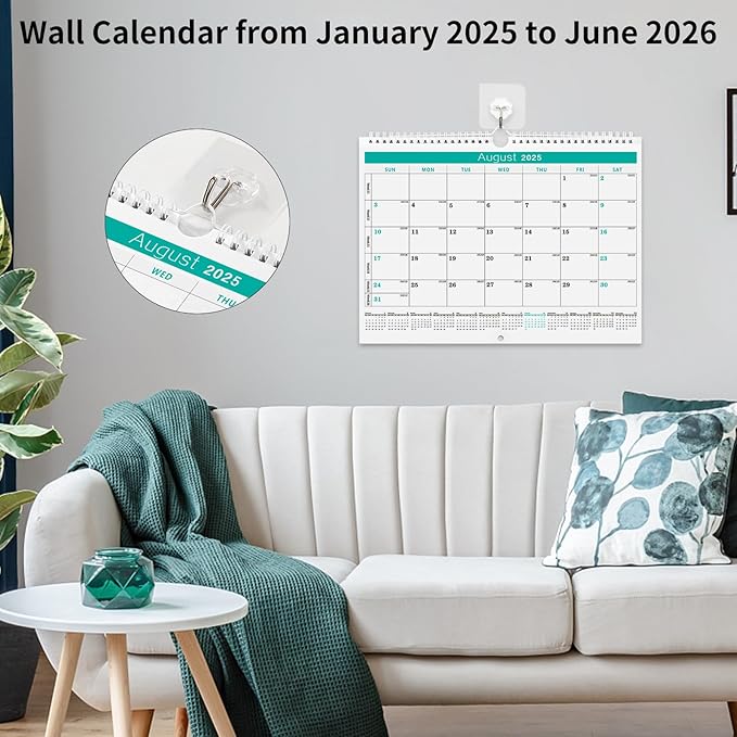 Wall Calendar -Calendar 2025-2026 from Jan. 2025 to Jun. 2026,18 Months Calendar,13.7"×11"Thick Paper with festival Dates and Ruled Blocks for Home or Office New Year and Christmas Gifts