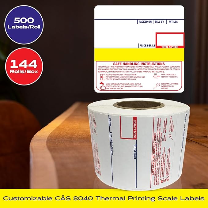 CEPRICO - Customizable CĀS Scale Labels - 144 Rolls of Thermal Printing Scale Labels – Compatible with CĀS LST-8040 | Safe Handling Instruction | Ideal for Supermarkets, Retailers and Grocery Stores