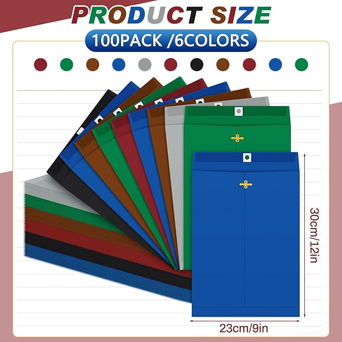 Geyee 100 Pcs Clasp Manilla Envelopes 9 x 12 Inch Gummed Colored Envelopes for Storing or Mailing for Home Office Business Supplies(Retro Color)