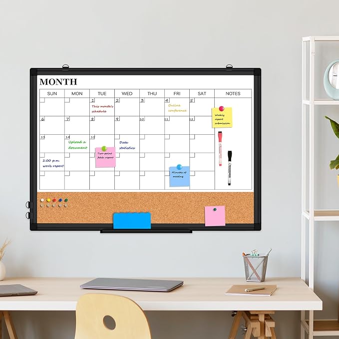 Monthly Calendar Whiteboard Dry Erase Cork Board Combo for Wall, 36" x 24" Magnetic Double-Sided Calendar White Board and Bulletin Board, Portable Board for Office, Kitchen, School, Home