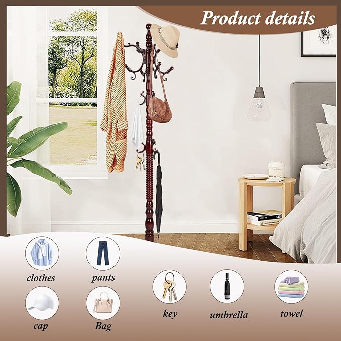 Wooden Coat Rack Freestanding, Vintage Coat Racks with Sturdy Round Base, Adjustable Height 37.40"-72.83" Entrance Coat Rack for Bedroom Living Room Entryway (Solid wood Rosewood)