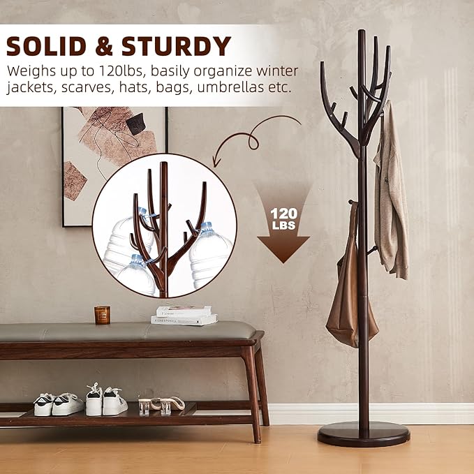 Uniclinens Coat Rack Freestanding Solid Wood Coat Tree Standing with 12 Hooks, Coat Rack Stand Creative Tree Branch-look (Dark Walnut)
