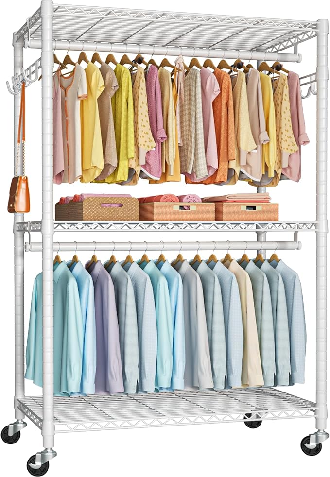 P1 Plus Rolling Clothes Rack, 22mm Diameter Heavy Duty Garment Rack with Wheels, Portable Closet Wardrobe with Double Rods, 45" W x 17.7" D x 80.5" H, Max Load 524 LBS, White