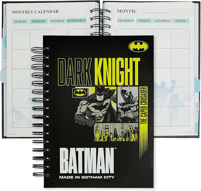 Super Hero Academic Planner, Weekly Monthly Daily Agenda, Custom Date Organizer for Time Management, Spiral Bound Notebook with Colorful Tabs,Datebooks for Student, Adult(Black Gold)