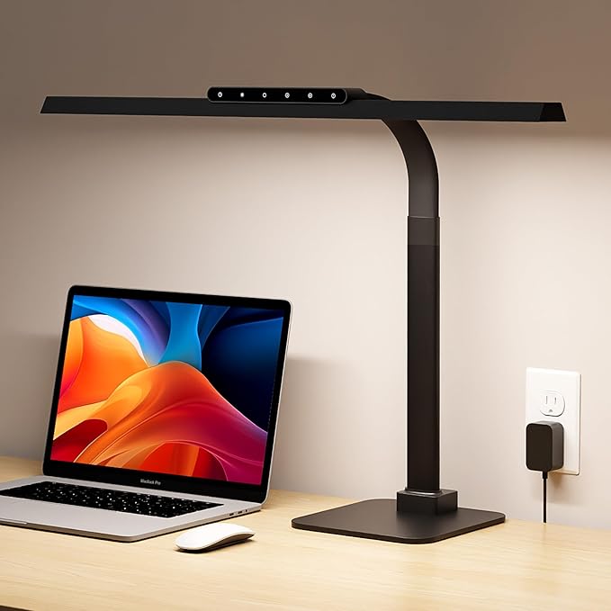 Desk Lamps for Office with Stable Base, 24W Touch Control Brightness Adjustable Tall Desk Lights, Eye-Caring Architect Task Light, Dimmable Brightness & Color Computer Lights for Desktop, Black