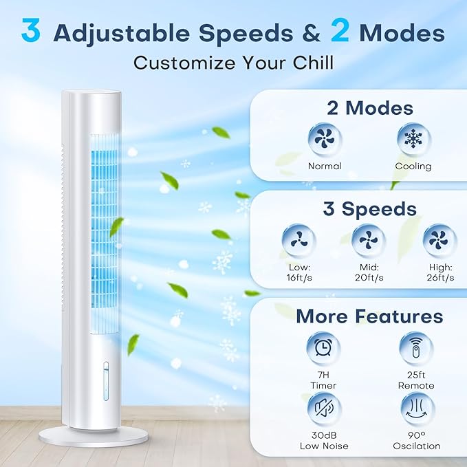 MYICY Evaporative Air Cooler, 35" Windowless Air Conditioner Portable w/3 Speeds, 25ft Remote, Smart Timer & Water Tank, Portable Air Conditioners No Windows Needed, 90°Oscillating AC Unit for Room