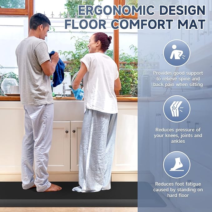 StepRite 4/5 Inch Thick Kitchen Mat Anti Fatigue Mat Kitchen Rugs Kitchen Decor Non-Slip, Stain Resistant, Waterproof Kitchen Mats Desk Mat for Kitchen, Office, Workshop, Black, 17'' x 47''