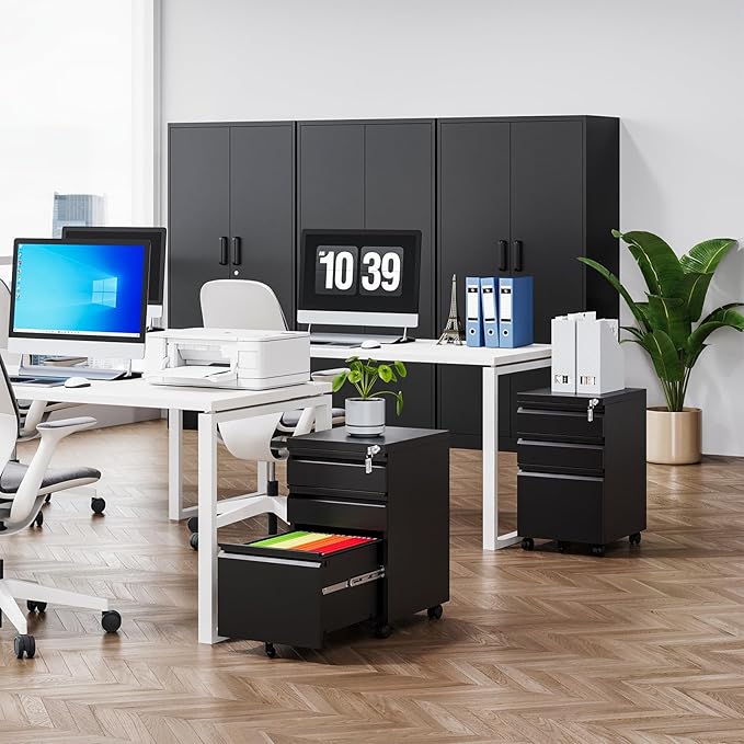 MIIIKO 3 Drawer File Cabinet, Metal Filing Cabinet with Lock Rolling Wheels, Office Storage Under Desk,Deep Drawers for Hanging Legal Letter Fill, Full Assembled Except Casters