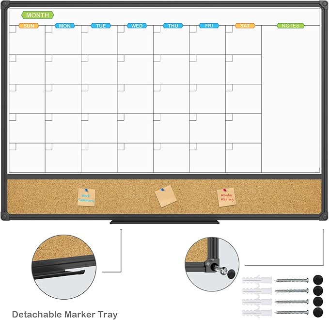 JILoffice Magnetic Calendar Whiteboard & Bulletin Corkboard Combination, Combo Board 36 x 24 Inch, Black Aluminum Frame Wall Mounted Board for Office Home and School with 10 Push Pins
