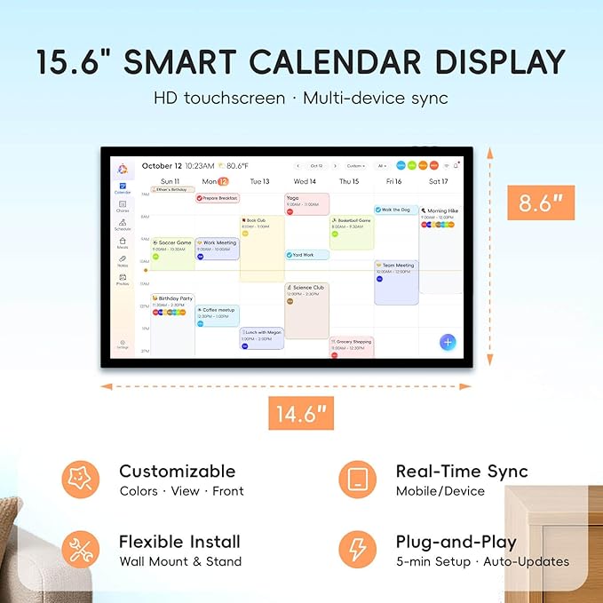15.6" Digital Calendar Chore Chart, Ultra-HD Interactive Touchscreen, No Subscription Required, Electronic Smart Family Planner & Organizer, Wall Mount Included, Ensuring Seamless Scheduling