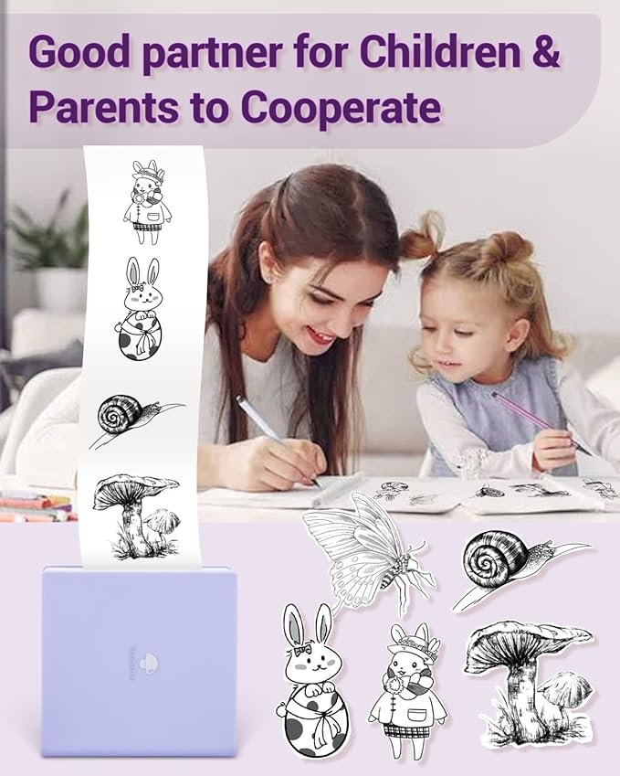 Phomemo Mini Sticker Printer- Mini Printer Sticker Maker Machine M02, Print Pods Suitable for Creative DIY, Diaries, Photos, Study Notes, Portable Thermal Inkless Label Maker for Home/Travel, Purple