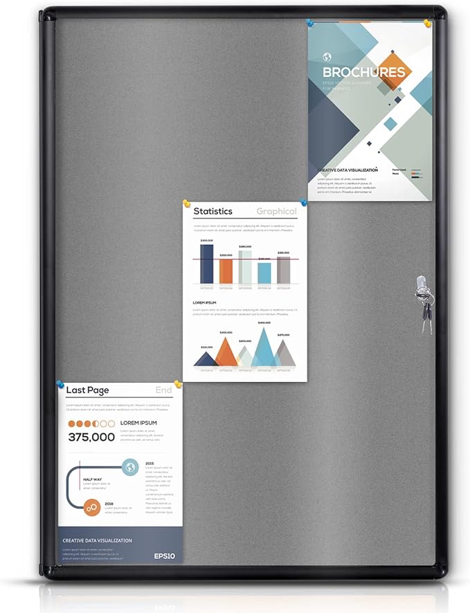 Enclosed Bulletin Board Lockable Display Case Message Board with Locking Door for Indoor, Grey Felt, Black Aluminum Frame, 38 X 28 in