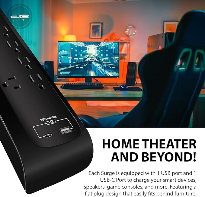 Digital Energy USB-C and USB-A 8 Outlet 8 Outlet 4200 Joules Surge Protector Power Strip, 3 Wide Spaced Outlets, 6 Foot 14/3 AWG Cord, Black