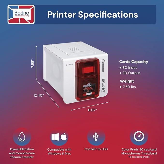 Evolis Zenius Single Sided ID Card Printer & Complete Supplies Package with Bodno Silver Edition ID Software