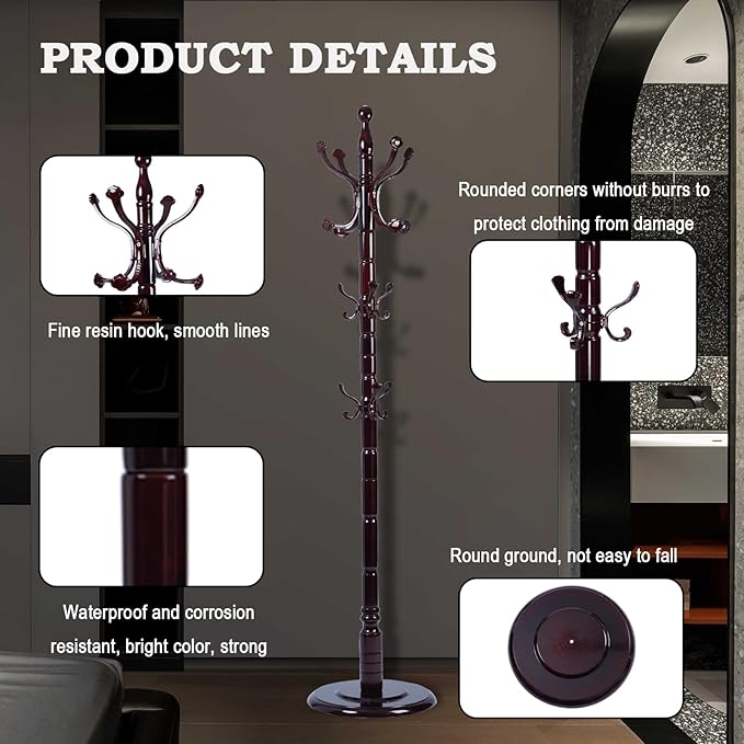 Coat Racks FreeStanding with 14 Hooks, Natural Wood Coat Rack with Solid Round Base, Adjustable Height Coat Racks, Easy Assembly for Hallway, Bedroom and Office (Rosewood Ruyi Hook)