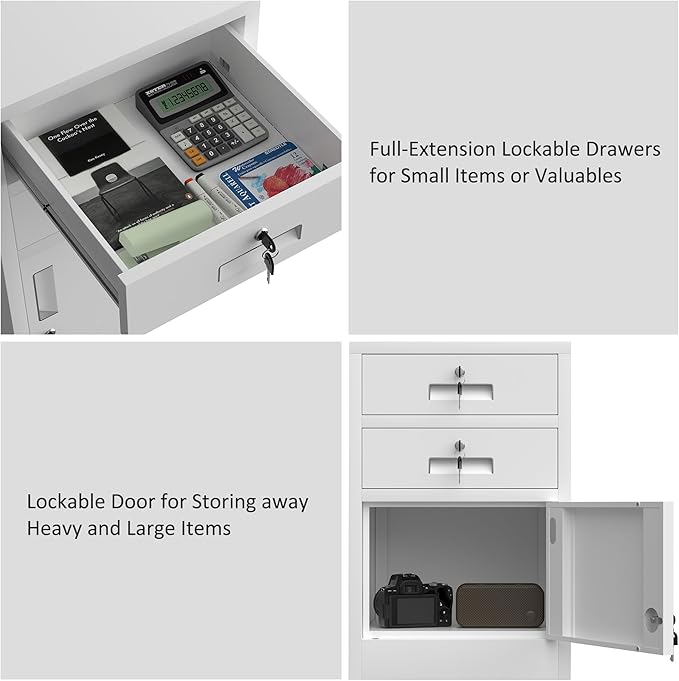 Metal Storage Cabinet with Locking Door and 2 Lockable Drawers for Home Office Bedroom Living Room (White)