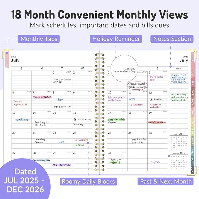 Jul 2025 - Dec 2026 Planner, Forvencer Academic Planner 2025-2026, 18 Month Daily Planner, 8.5" x 11", Weekly & Monthly Agenda Book, Hardcover Calendar Book, School Supplies for Student Teacher, Purple