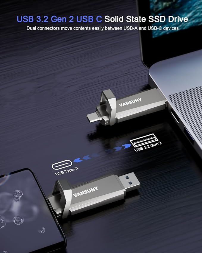 Vansuny 256GB USB Solid State Drive Up to 1000MB/s USB 3.2 Gen 2 Dual SSD USB A + Type C Portable External SSD for Android Phone Tablet Laptop MacBook PC