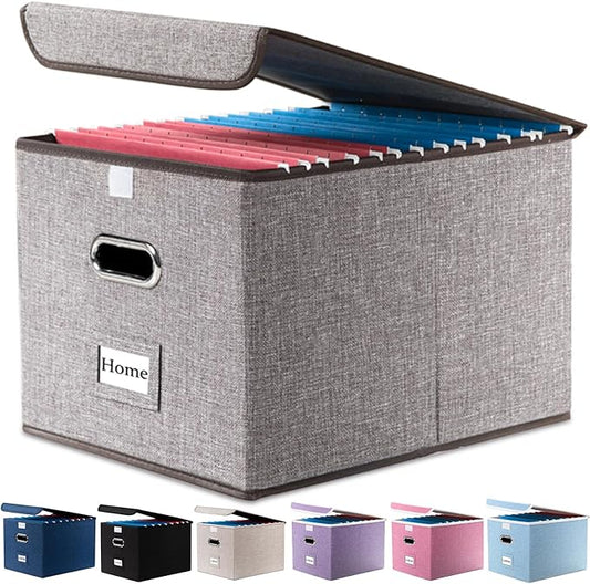 PRANDOM File Organizer Box - Set of 1 Collapsible Decorative Linen Filing Storage Hanging File Folders with Lids Office Cabinet Letter Size (15x12.2x10.75 inch)