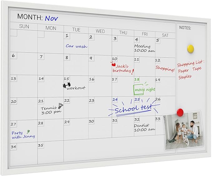 Comix Dry Erase Calendar Whiteboard for Wall,Magnetic Dry Erase White Board with White Wood Frame, 36 * 24 inches Decorative Planner Board for Office, Kitchen, School, Home