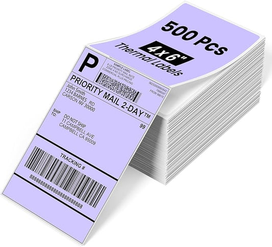 Phomemo 4x6 Thermal Labels for Shipping Label Printer - 500PCS Purple Mailing Labels - 4x6 Direct Thermal Labels Fanfold Compatible with Rollo,MUNBYN,iDPRT,JADENS,POLONO - Water/Oilproof - NO BPA/BPS