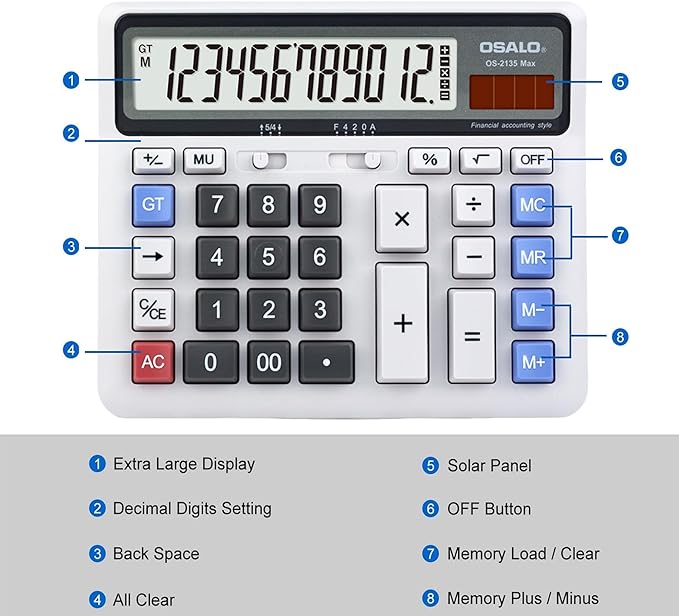 Desktop Calculator Extra Large LCD Display 12-Digit Big Number Accounting Calculator with Giant Response Button, Battery & Solar Powered, Perfect for Office Business Home Daily Use(OS-2135)