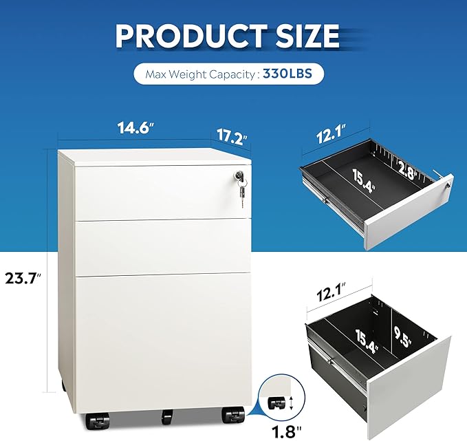 DEVAISE 3 Drawer Rolling File Cabinet, Locking Filing Cabinet for Home Office, Fully Assembled Under Desk Cabinet, White