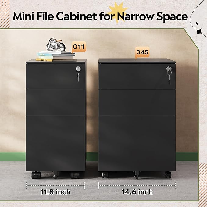DEVAISE 3 Drawer File Cabinet with Lock, Metal Rolling Filing Cabinets for Home Office, Small Under Desk Cabinet with Slim Width (11.8 inch), Black