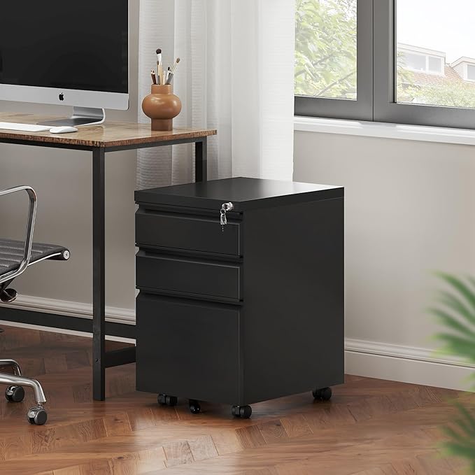 YITAHOME 3 Drawer File Cabinet with Lock, 20” Deep Office Vertical Files, Mobile Metal Filing Cabinet, Metal Vertical Filing Storage Cabinet for Letters/Legal/A4 Size，Black