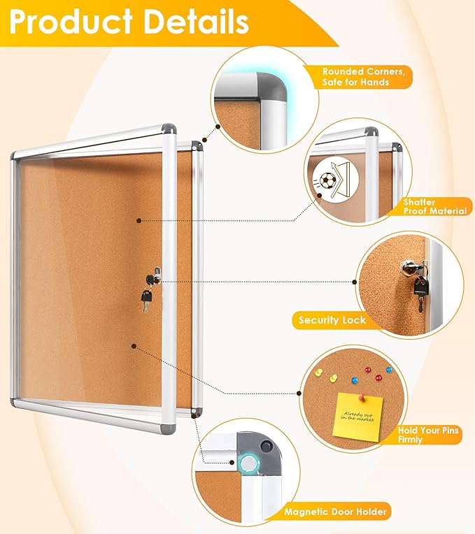 SWANCROWN Enclosed Bulletin Board,Lockable Cork Noticeboard for School Office,Wall Display Case with Lock 20"x14"(2xA4)