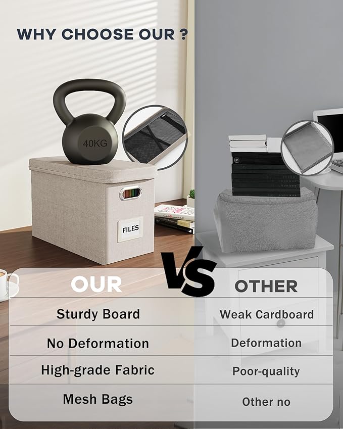 Oterri File Organizer Box with Lid, Hanging Filing File Box with Mesh Pocket, Document Organizer Box for Letter Files, Portable Storage Box with Smooth Sliding Rail for Office&Home (1 PCS, Beige)