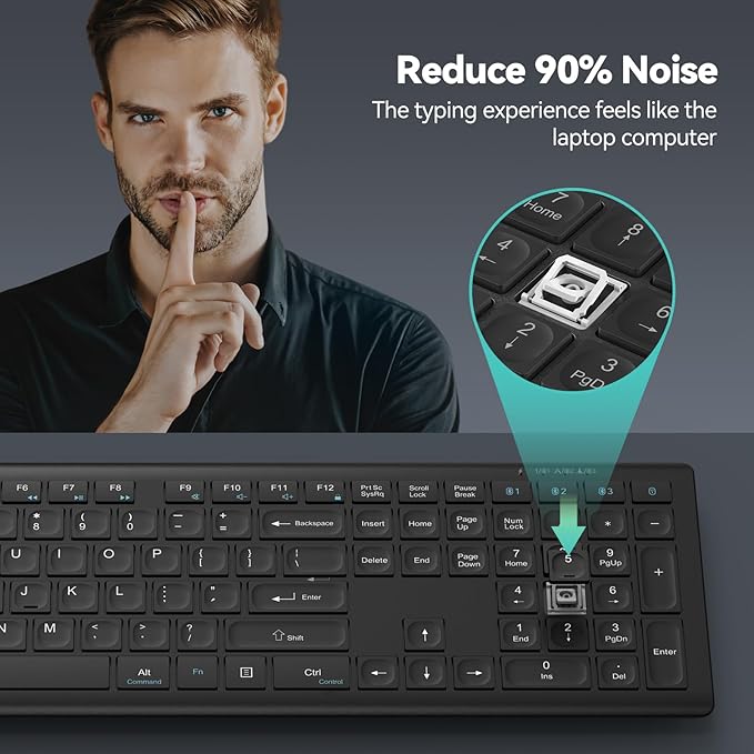 TECKNET Bluetooth Keyboard Rechargeable, 4-Device Free Switching (2.4G+BT), Ultra-Slim Full Size Wireless Keyboard, Quiet Typing, for PC/Laptop/Smart TV/Phone, Adjustable Stand, 12 Multimedia Keys