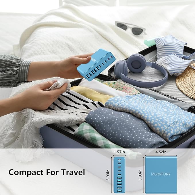 320W USB C Charger Block, 10-Port USB C Charging Station GaN III PD 65W PC Laptop Fast Charger Adapter for MacBook Pro/Air, DELL, iPad, iPhone, Samsung Galaxy (Light Blue)