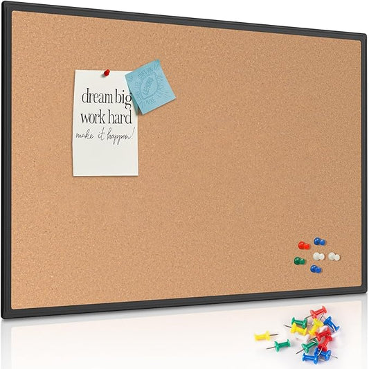 Board2by Cork Board Bulletin Board 48" x 36", Black Aluminium Framed 4x3 Corkboard, Office Board for Wall Cork, Large Wall Mounted Notice Pin Board with 18 Push Pins for School, Home & Office