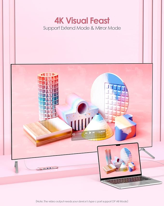 LENTION 3.3FT Long Cable USB C Hub with 4K HDMI, 2 USB 3.0, Card Reader, Aux, Type C Data/Charging Compatible 2023-2016 MacBook Pro, Mac Air/Surface, More, Stable Driver Adapter (CB-C37, Rose Gold)