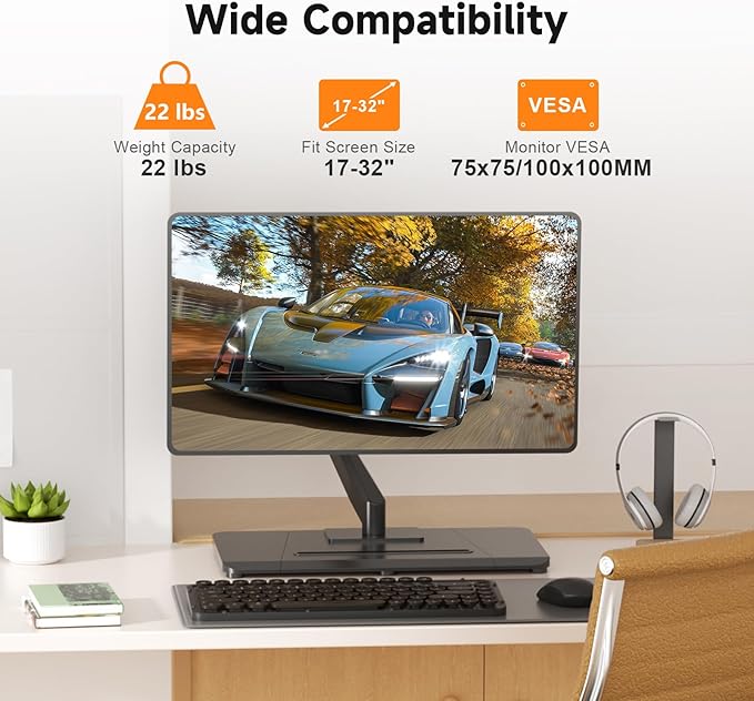 suptek Single Monitor Mount Gas Spring Arm Mount with Base,Free Standing Pneumatic Height Adjustable Monitor Desk Stand for 17 to 32 inch,Holds up to 22 lbs,Black(ML8C)