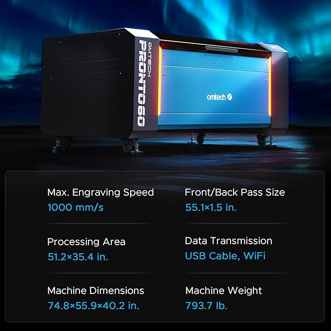 OMTech Pronto 130W CO2 Laser Engraver with Water Chiller | 51" × 35" Laser Cutting Machine with Autofocus | 2-Way Pass, Air Assist, Red Dot Pointer | Ideal for Wood, Glass, Acrylic, and More