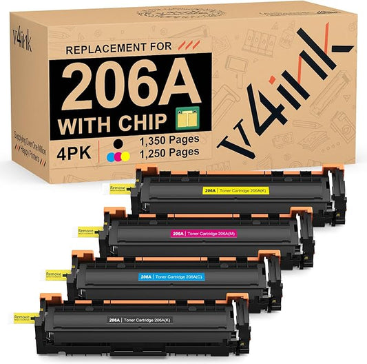 v4ink 206A Toner Cartridge 4 Pack (Latest Upgraded Chip) Compatible Replacement for HP 206A 206X W2110A W2111A W2113A W2112A use with HP Color Pro M255 M255dw MFP M283fdw M283cdw M283 M282nw Printer