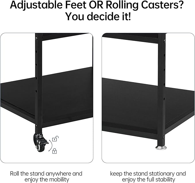 Printer Stand, 23.6 x18.9 x 30 Inches Large Printer Table with Adjustable Storage Shelf, 3 Tier Rolling Printer Cart with Wheels for Home Office, Stand for Heat Press Mini Fridge, Black