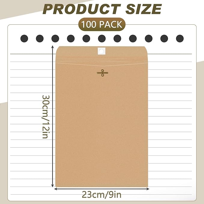 Geyee 100 Pcs Clasp Manilla Envelopes 9 x 12 Inch Gummed Colored Envelopes for Storing or Mailing for Home Office Business Supplies(Brown)