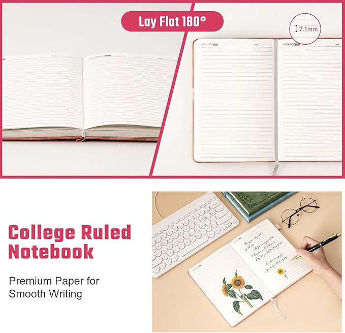 Sunflower Journal for Girls Women Journals for Writing 100GSM College Ruled A5 Leather Notebook for Girls Ages 8-12 Flower Diary with Heart-shaped Shadow, 5.7" x 8.3", Pink